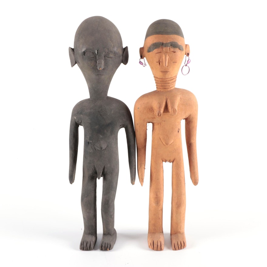 West African Hand-Carved Wood Figures of Man and Woman