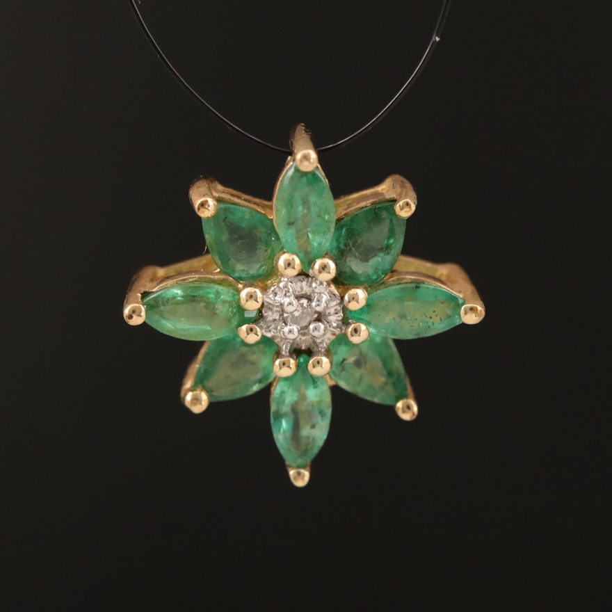 10K Emerald and Diamond Flower Pendant