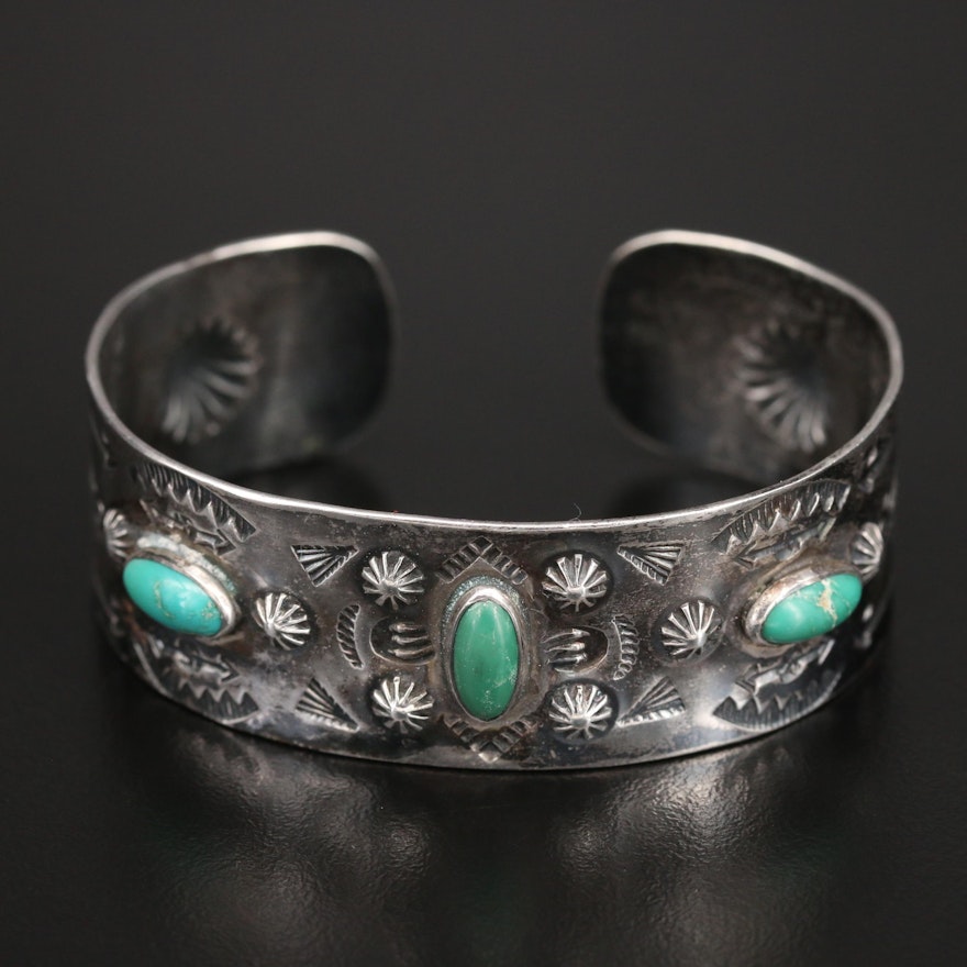 Western Style Sterling Turquoise Punch Out and Stamped Cuff