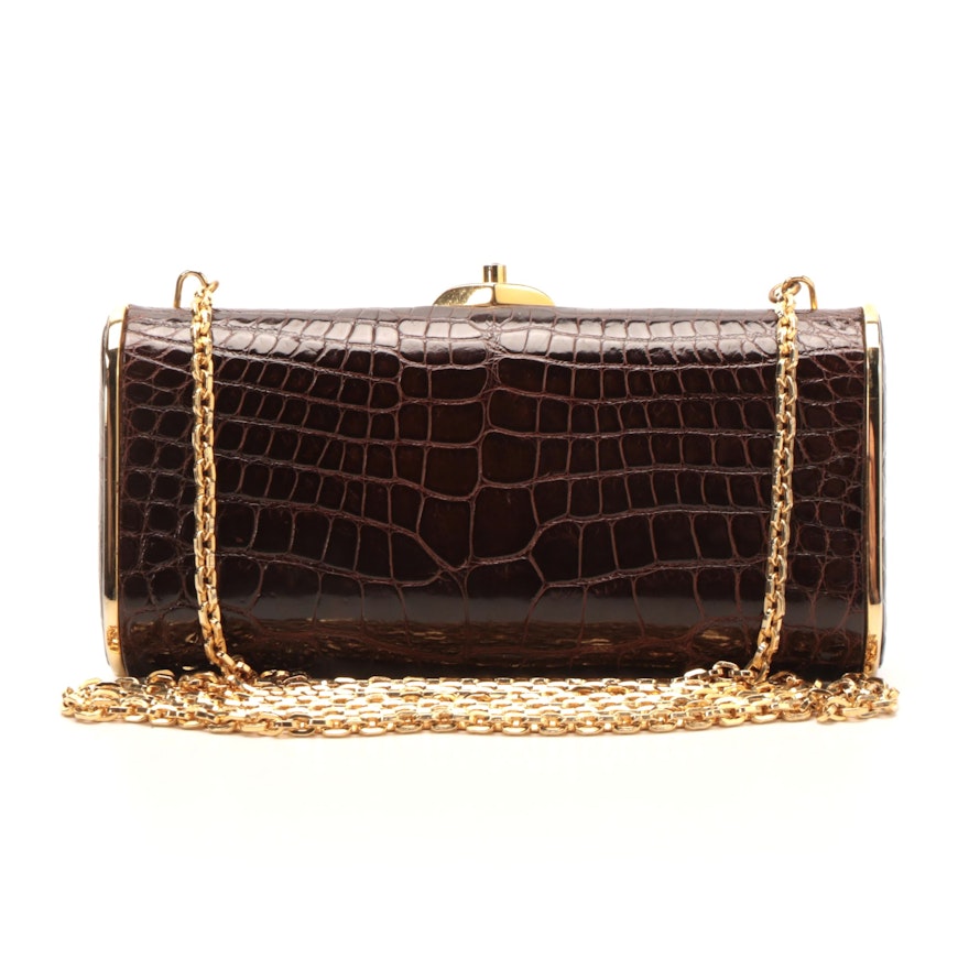 Judith Leiber New York Alligator Skin Minaudière with Gemstone Clasp