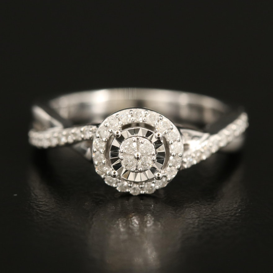 Sterling Diamond Ring with Crossover Shoulders