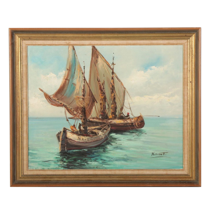 T. L. Novaretti Maritime Oil Painting of Two Sailboats, Late 20th Century