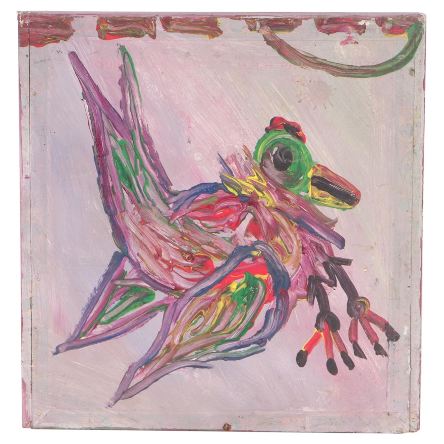 Robert Wright Folk Art Acrylic Painting on Cigar Box of Bird