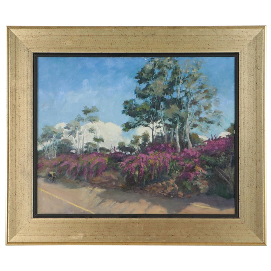 Kaz Ooka Oil Painting "Street With Purple Bougainvillea," 2004