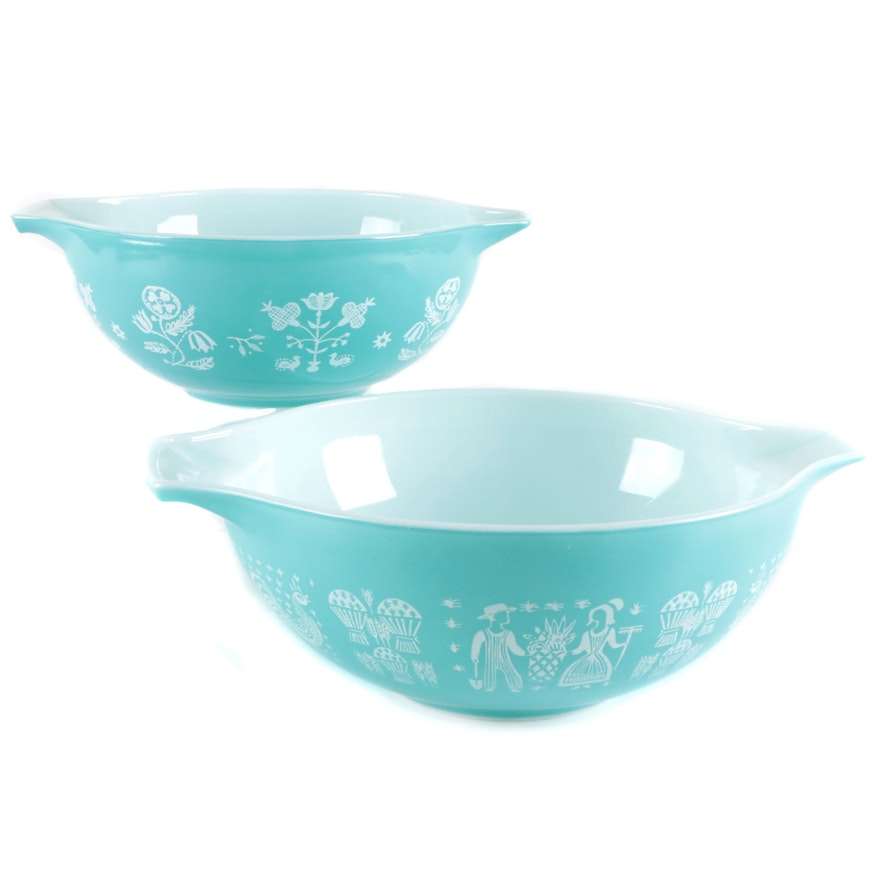 Pyrex "Butterprint" and "Embroidery" Milk Glass Mixing Bowls, Mid-20th C.