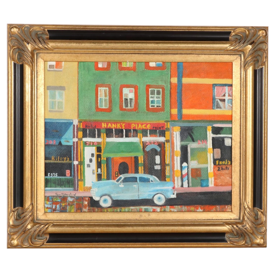 Tom Mershon Folk Art Oil Painting "Main Street," Circa 2000