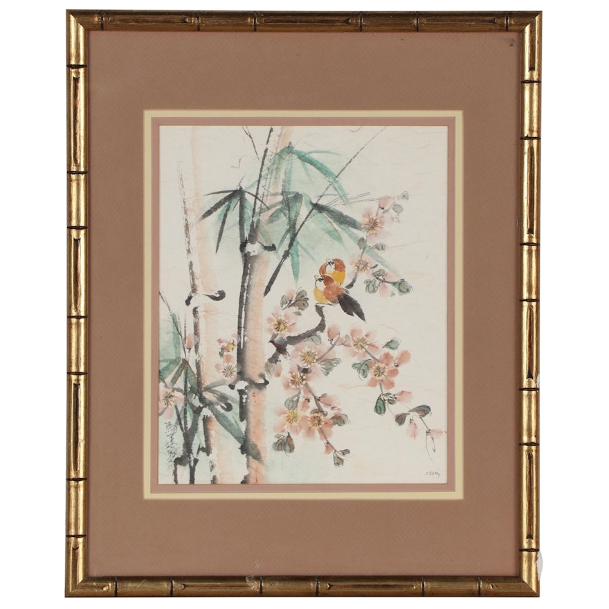 Charlotte Fung Miller Watercolor Painting of Birds and Bamboo