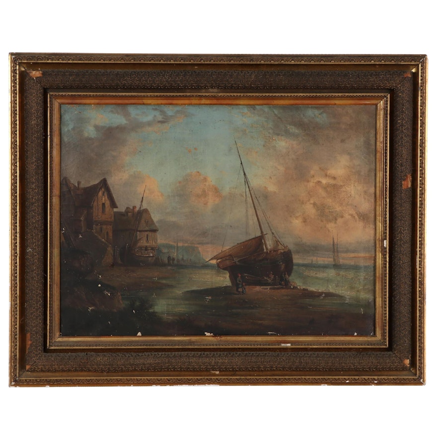 Landscape Oil Painting of Coastal Town, Late 19th-Early 19th Century