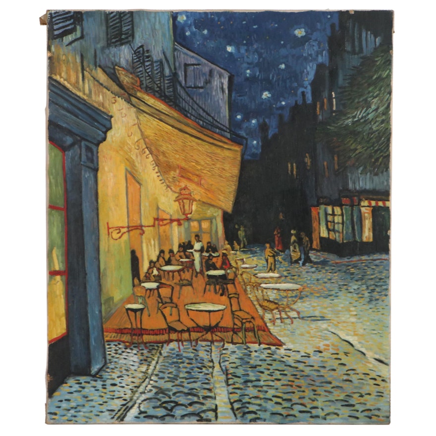 Oil Painting After Vincent Van Gogh "Café Terrace at Night," Mid-20th Century