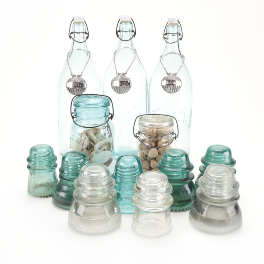 Glass Insulators with Decorative Bottles and Bottle Tags