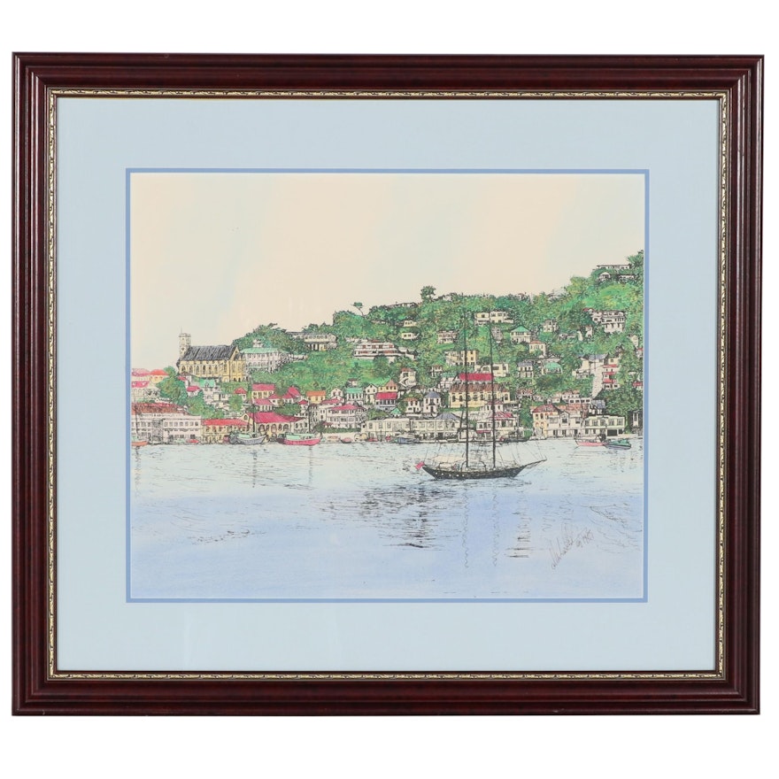 Hand-Colored Serigraph of St. George's Grenada, 1985