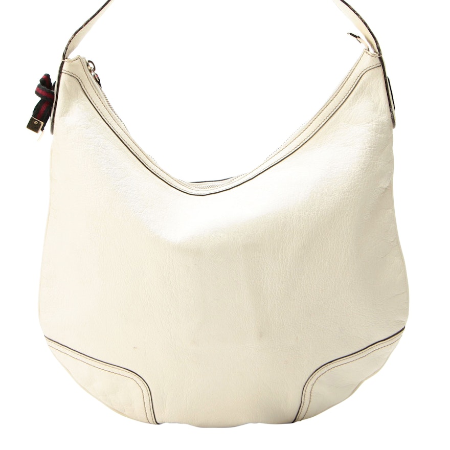 Gucci Princy Hobo Shoulder Bag in White Leather with Webbing Embellishment