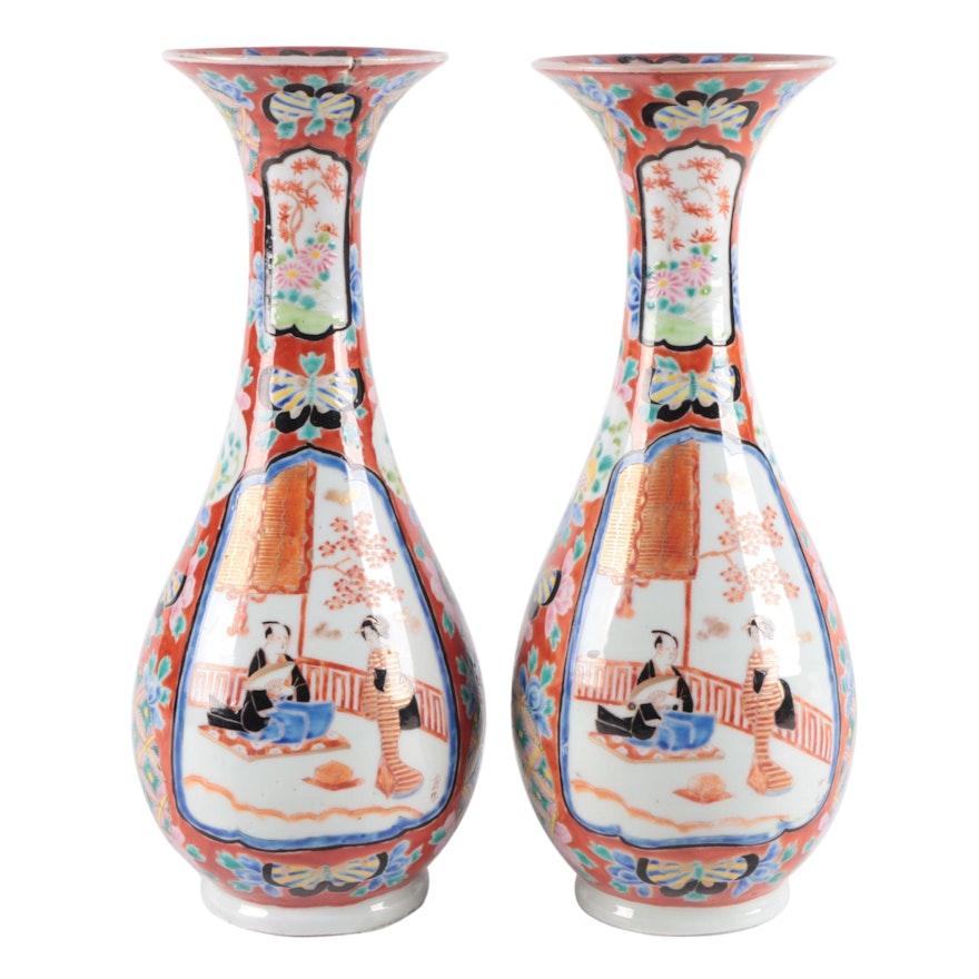 Japanese Hand-Painted Porcelain Vases, Late 20th Century