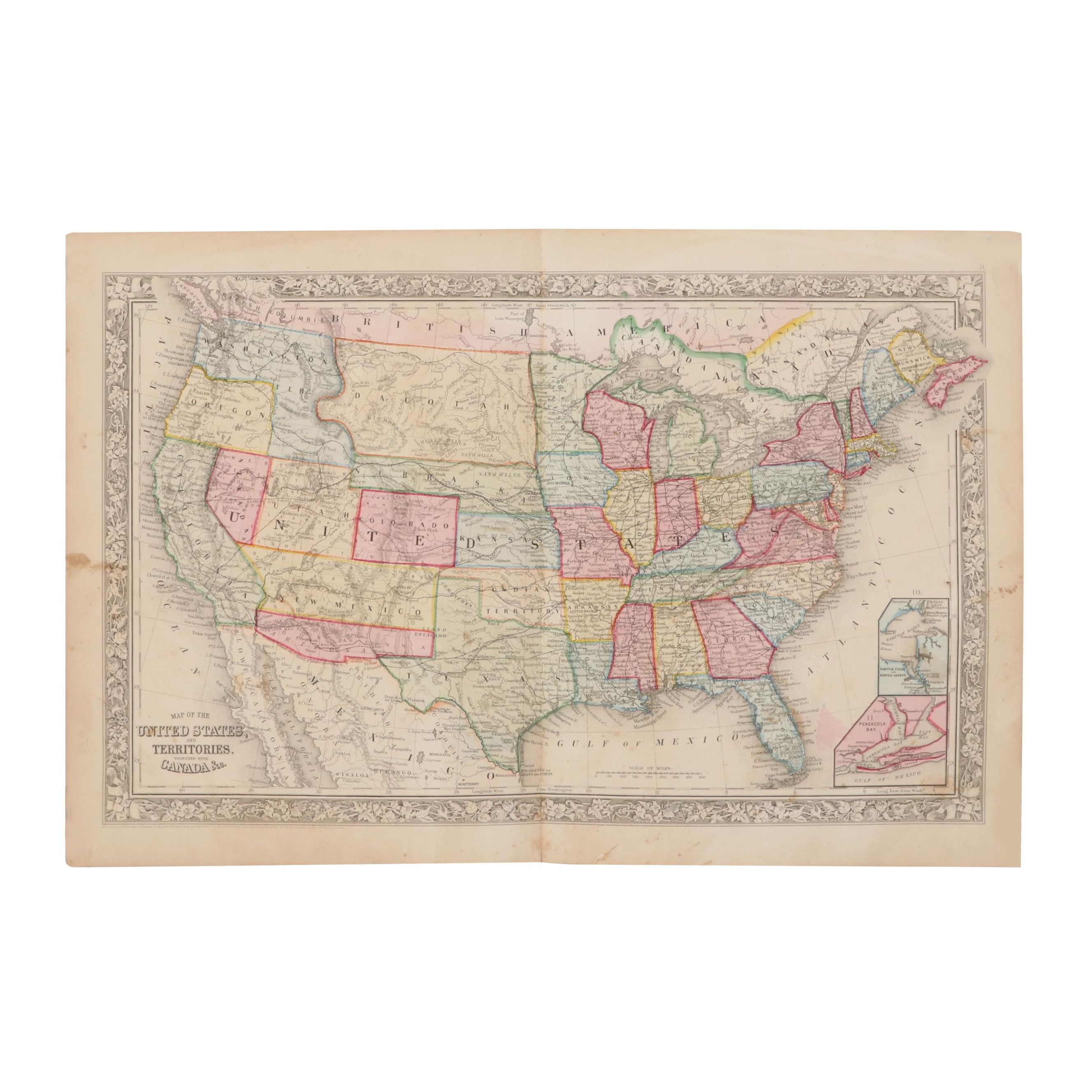 S. Augustus Mitchell Hand-Colored Engraving Map of United States and Territories