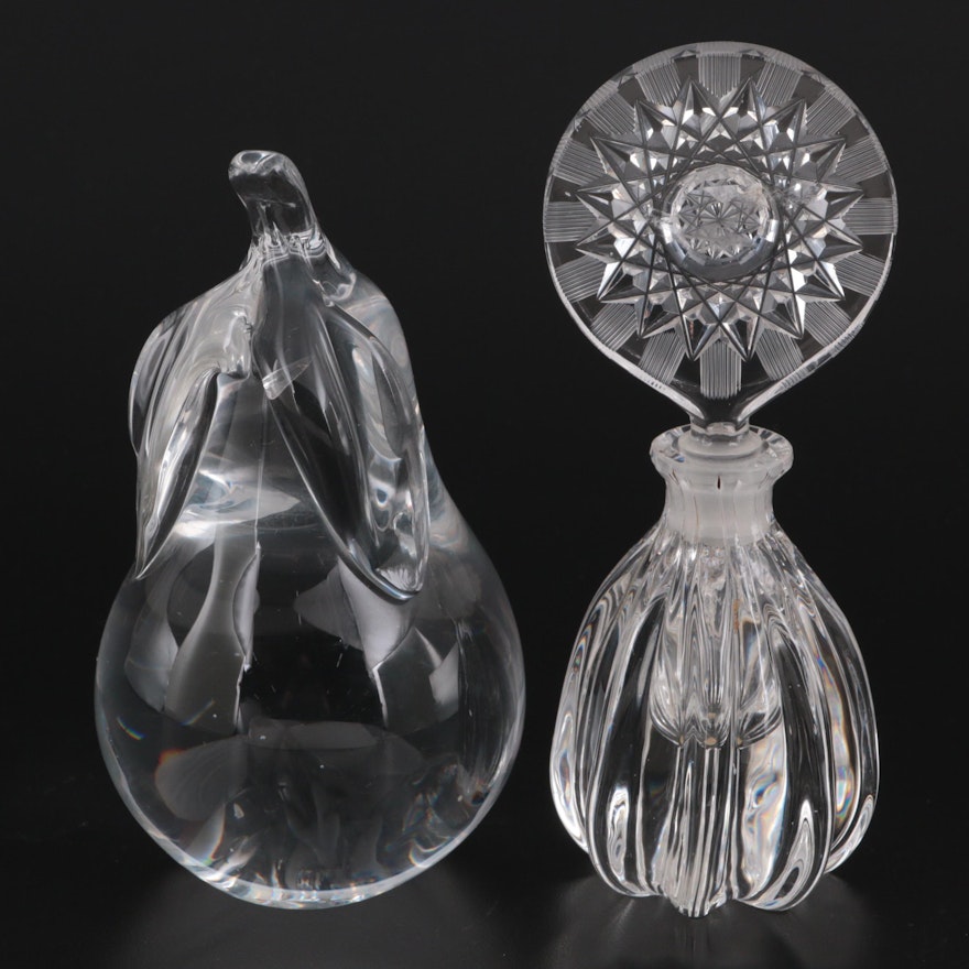 Irving W. Rice Crystal Perfume Bottle with Stopper, and Crystal Pear Paperweight