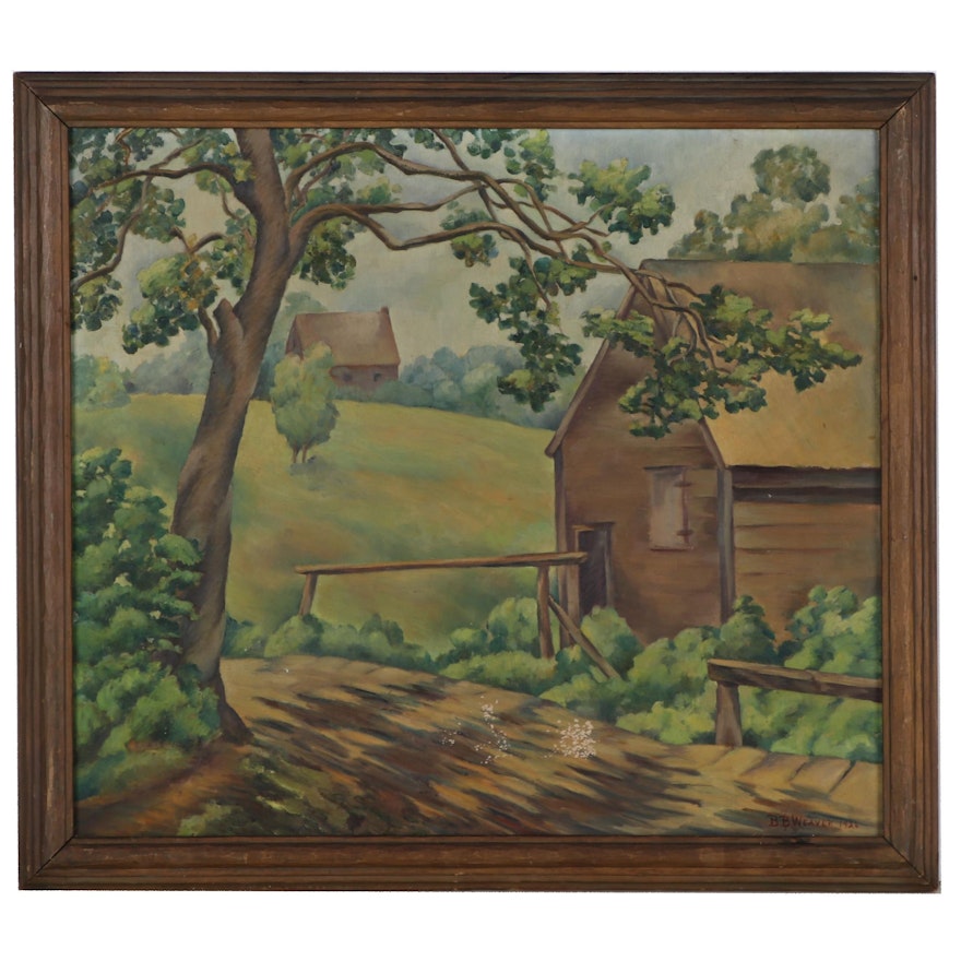 B.B. Weaver Landscape Oil Painting of Cabin, 1926