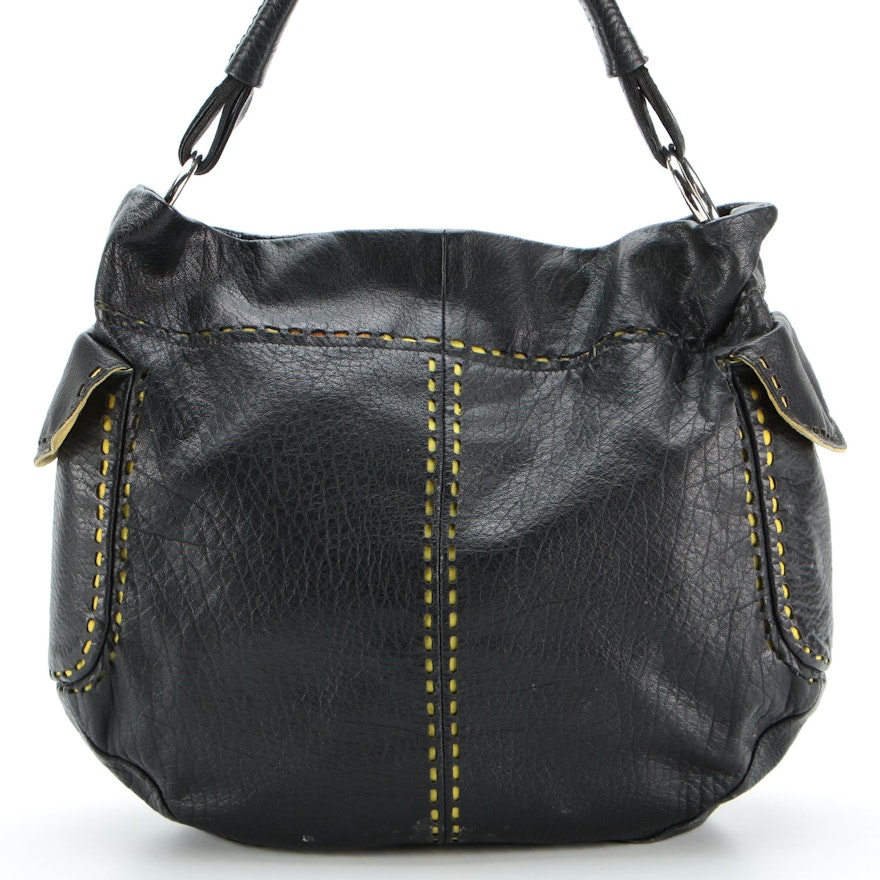 Prada Black Leather and Chartreuse Nylon Cut-Out Snap Shoulder Bag