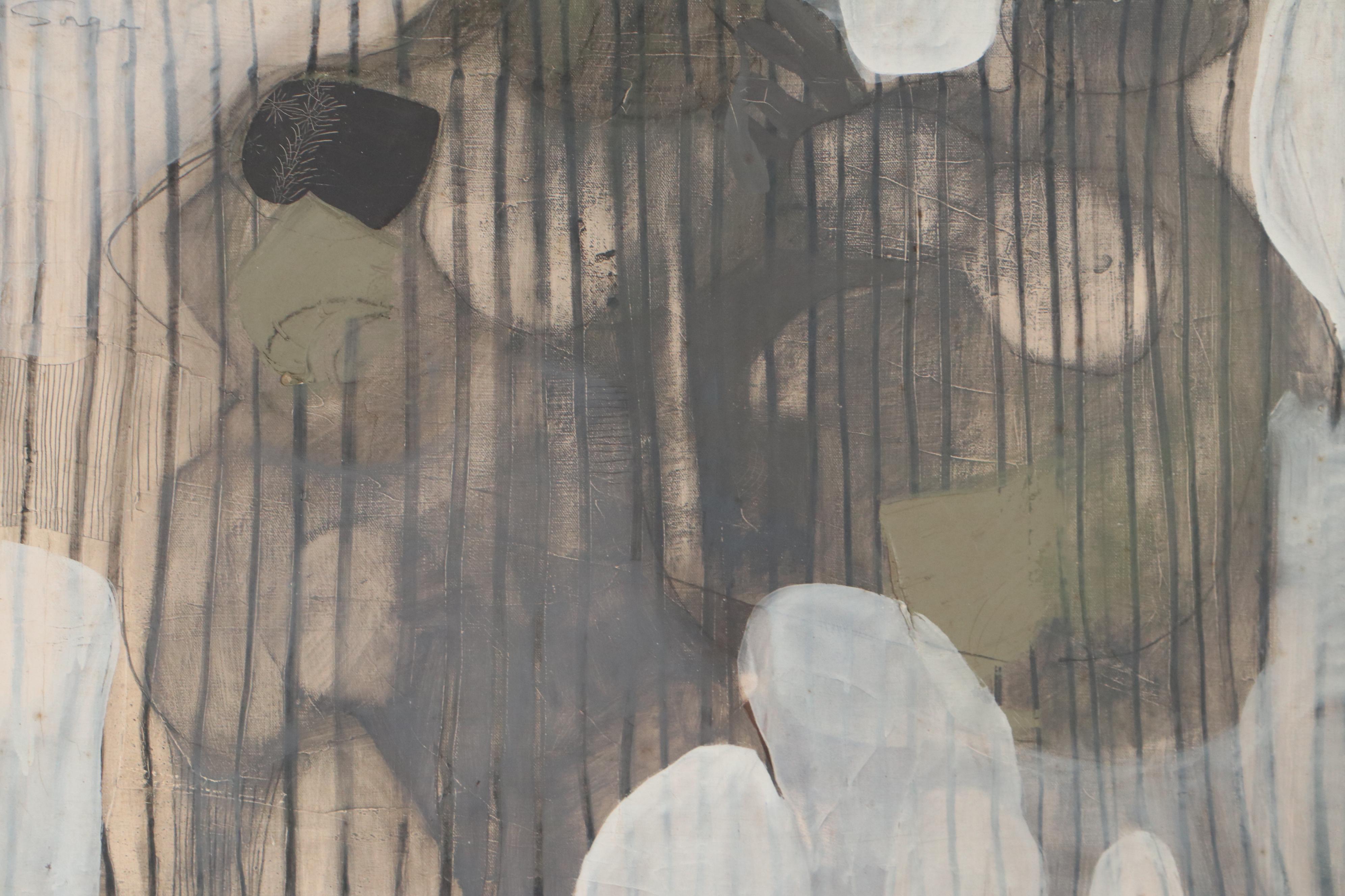 Walter Sorge Abstract Geometric Mixed Media Oil Painting "Figures in Grey," 1963