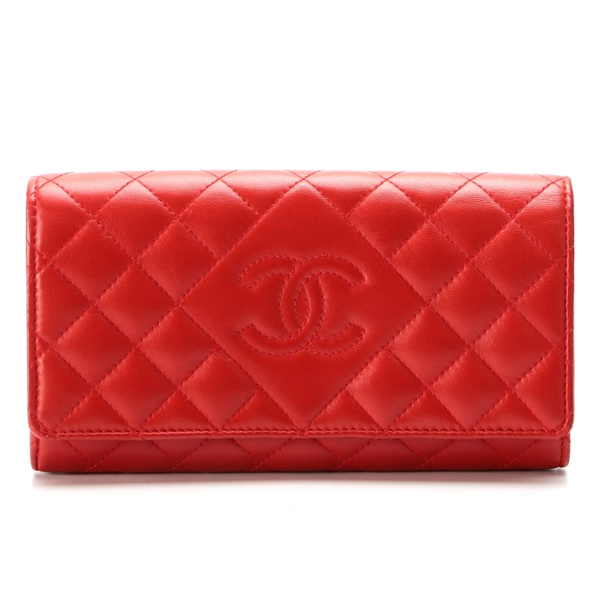 Chanel Red Lambskin Diamond CC Stitched Flap Quilted Long Wallet with Box