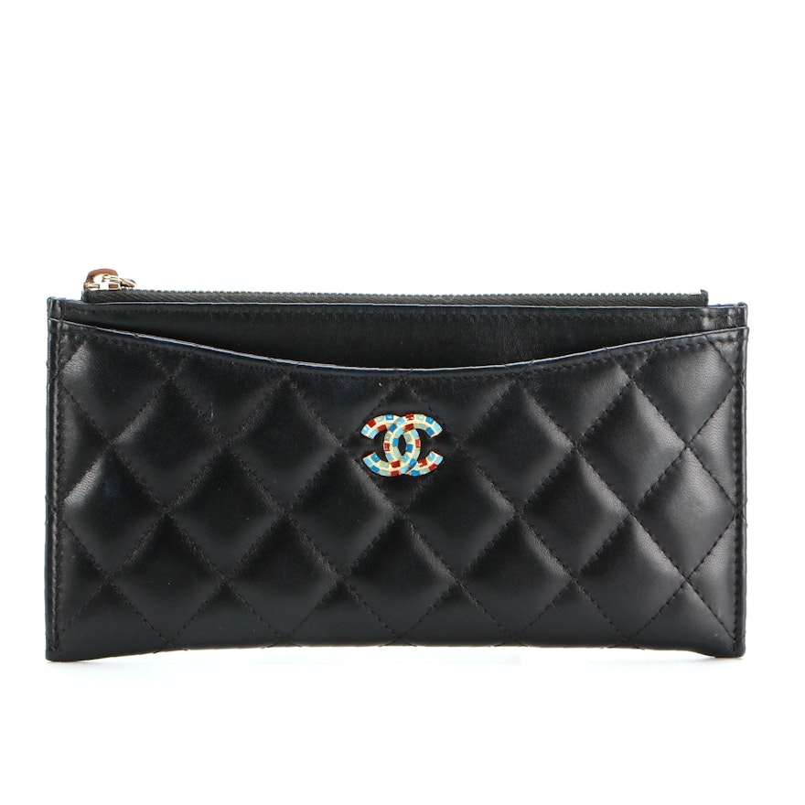 Chanel Classic Zip Pouch in Black Quilted Lambskin with Enameled CC Logo