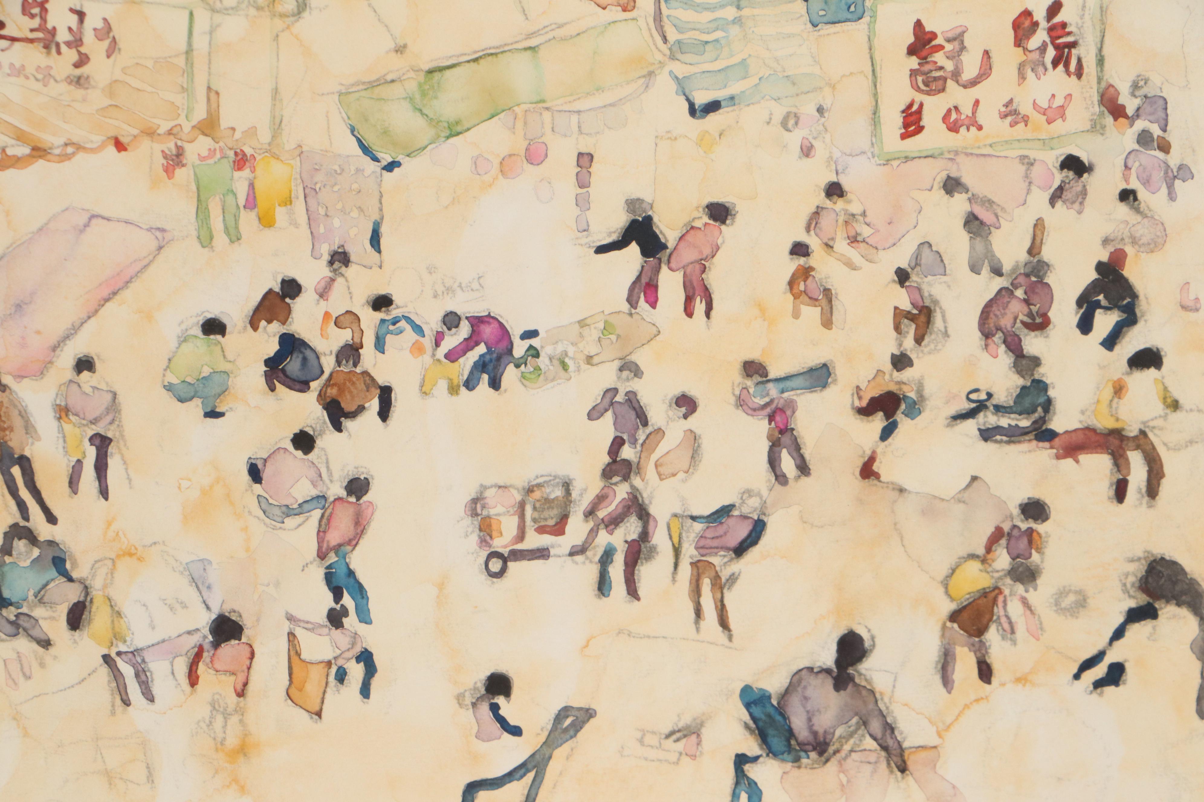 Walter Sorge Watercolor Painting "Cat Street Bazaar - Hong Kong," Circa 1974