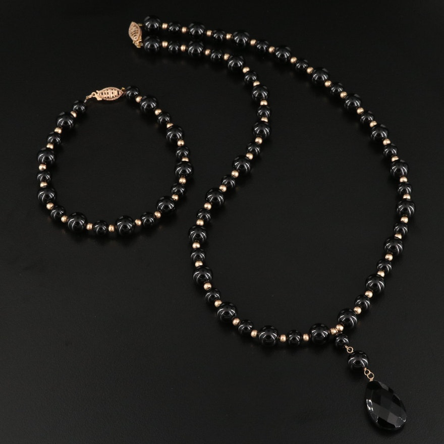 10K Black Onyx Beaded Necklace and Bracelet Set