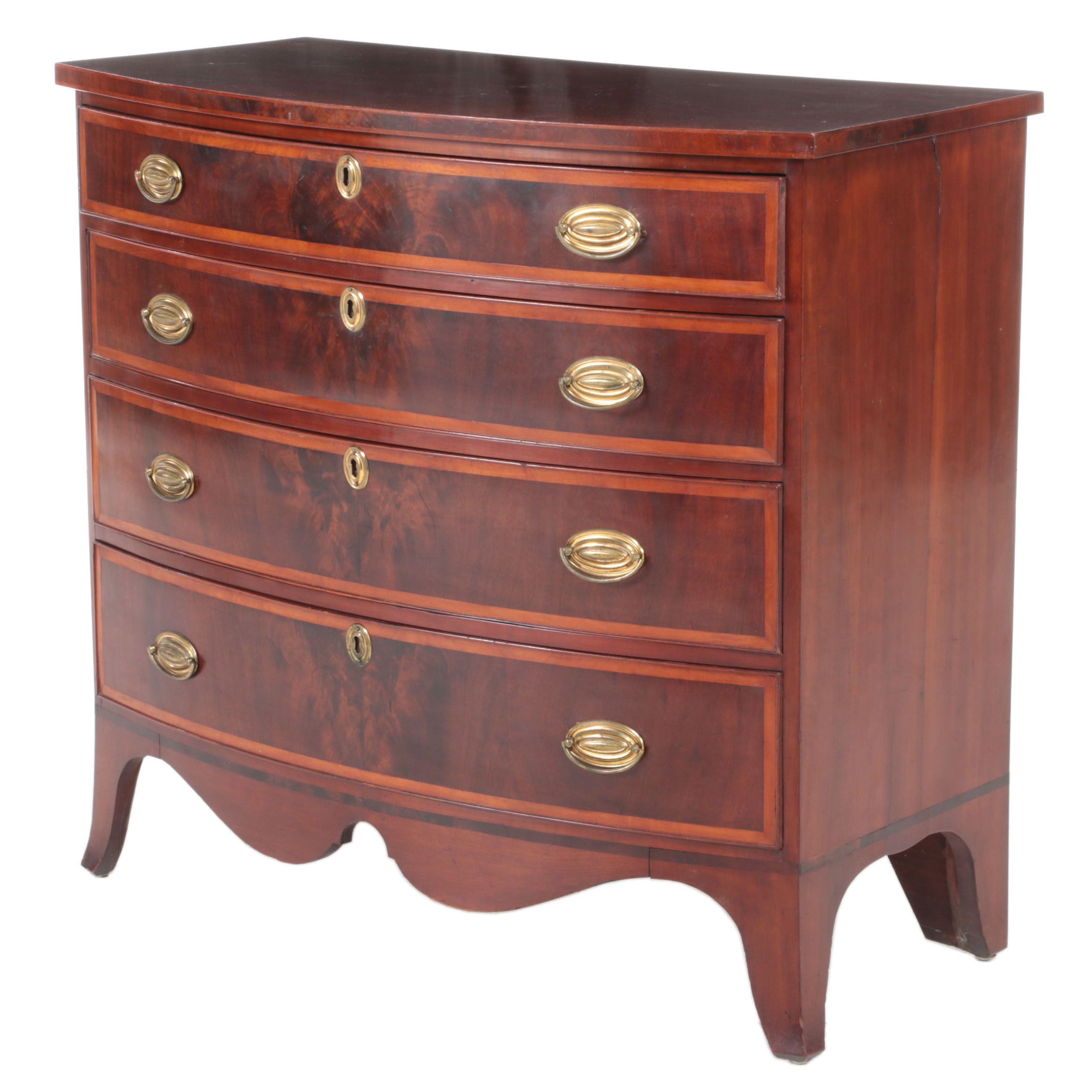 Federal Period American Cherrywood and Flame Mahogany Bowfront Four-Drawer Chest