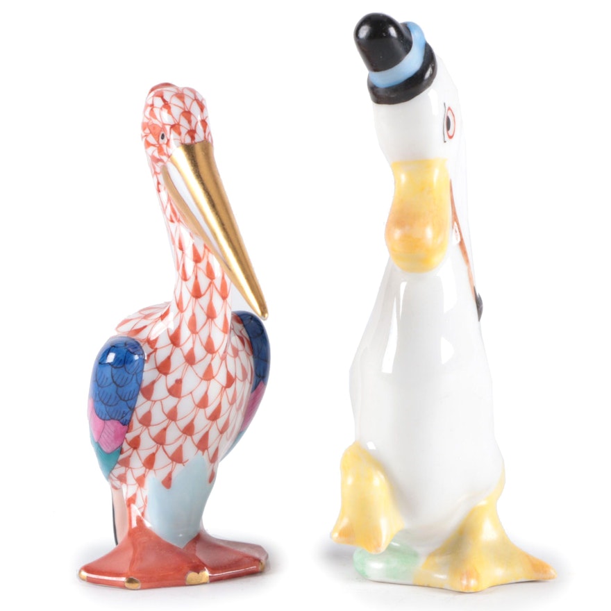 Herend Rust Fishnet "Pelican" and "Duck With Hat and Pipe" Porcelain Figurines