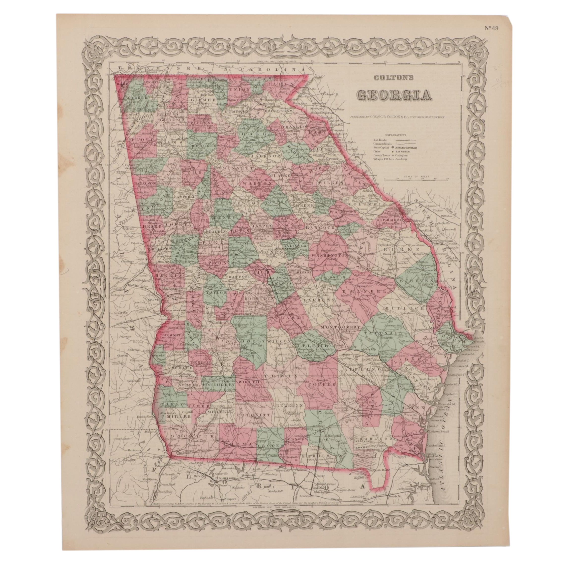 Hand-Colored Engraving Map of Georgia After G. W. & C. B. Colton
