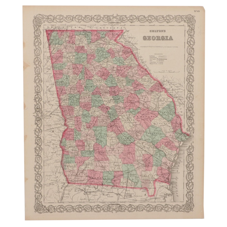 Hand-Colored Engraving Map of Georgia After G. W. & C. B. Colton