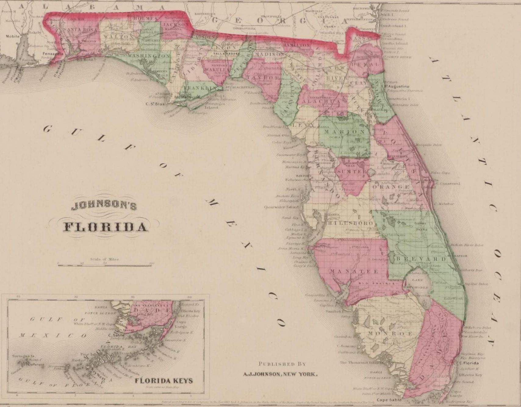 Hand-Colored Engraving Map of Florida After A.J. Johnson