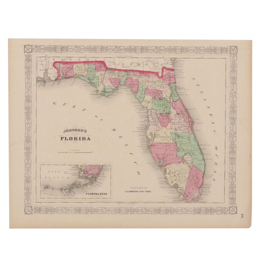 Hand-Colored Engraving Map of Florida After A.J. Johnson