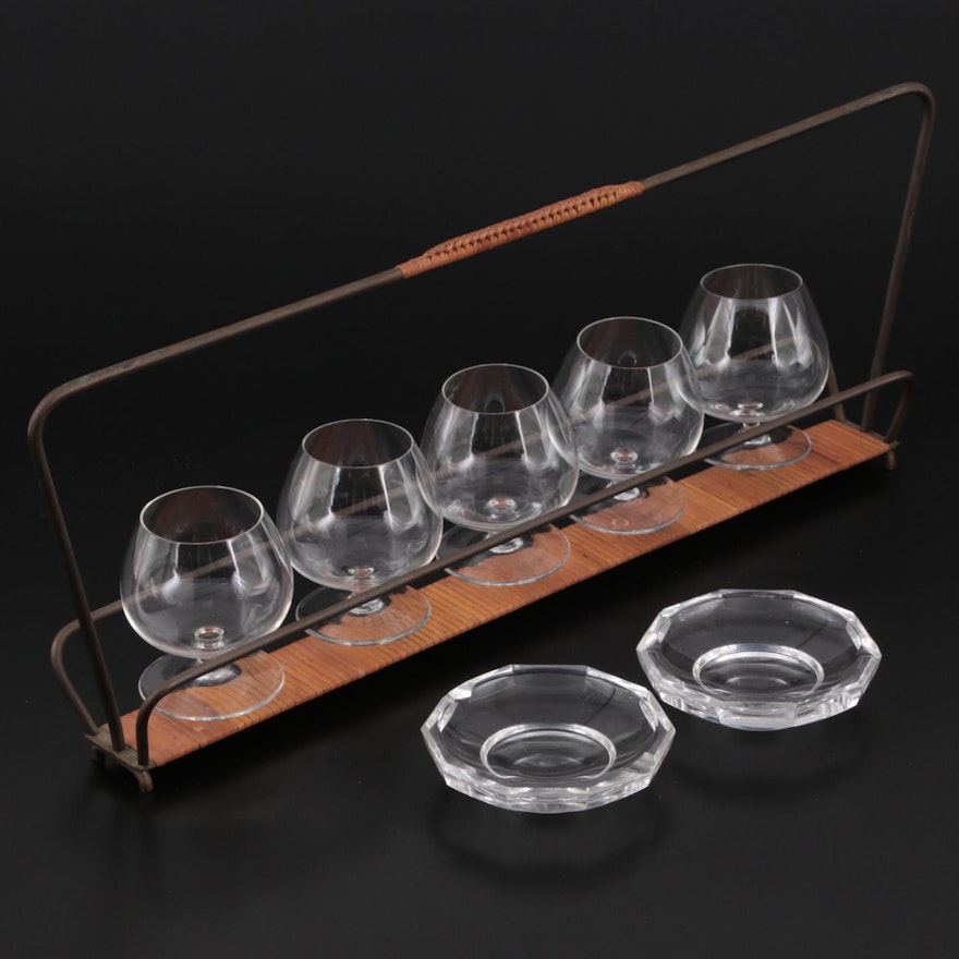 Val St. Lambert Crystal Ashtrays with Glass Brandy Sniffers and Caddy