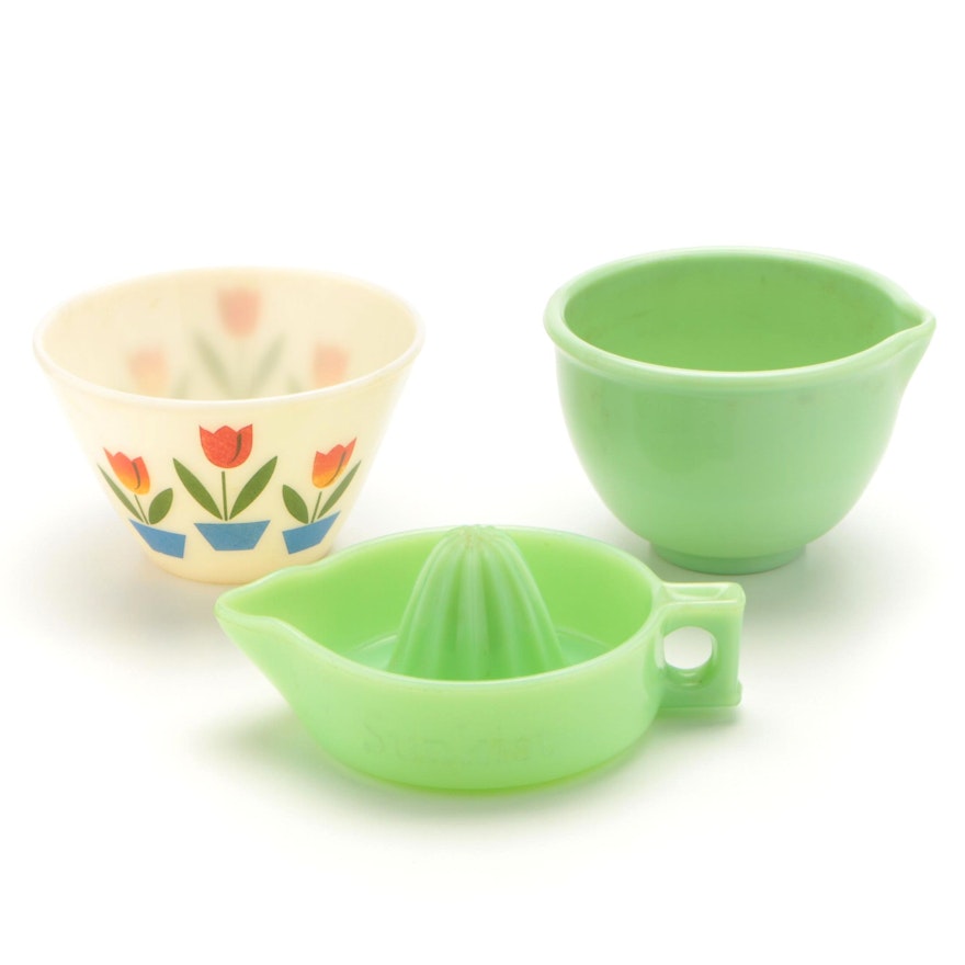 Fire King Tulip Mixing Bowl with Sunkist Jadeite Juicer and Spouted Bowl