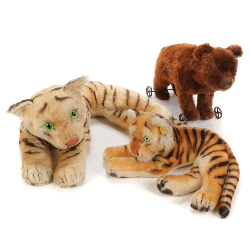 Steiff Stuffed Tigers and Small Bear on Wheels, Mid-20th Century