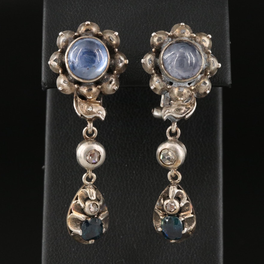 Antique Georgian Style 800 Silver Star Sapphire and Diamond Drop Earrings