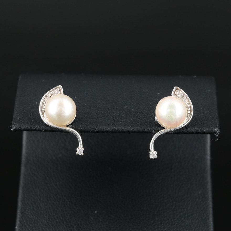 Italian 18K Pearl Stud Earrings with Cubic Zirconia Accents