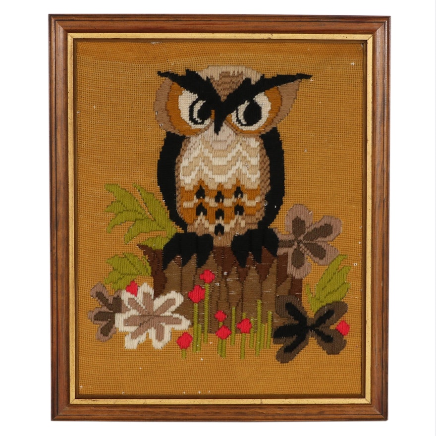 Handcrafted Needlepoint Panel of an Owl, Mid to Late 20th Century