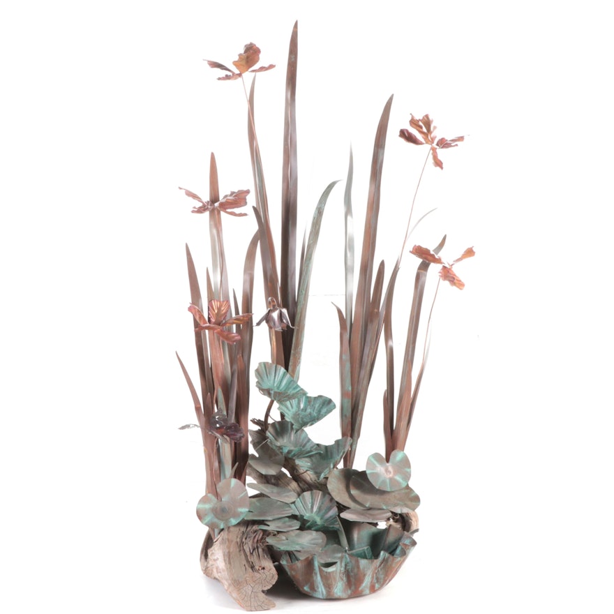 Driftwood and Copper-Finish Metal Garden Fountain
