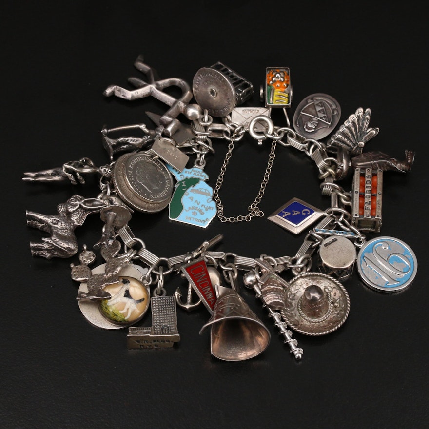 Vintage Sterling Charm Bracelet Featuring Reverse Painted Terrier Charm