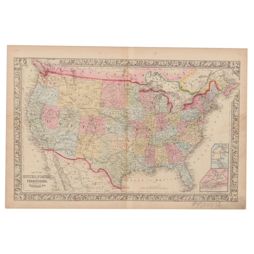 S. Augustus Mitchell Hand-Colored Engraving Map of United States and Territories