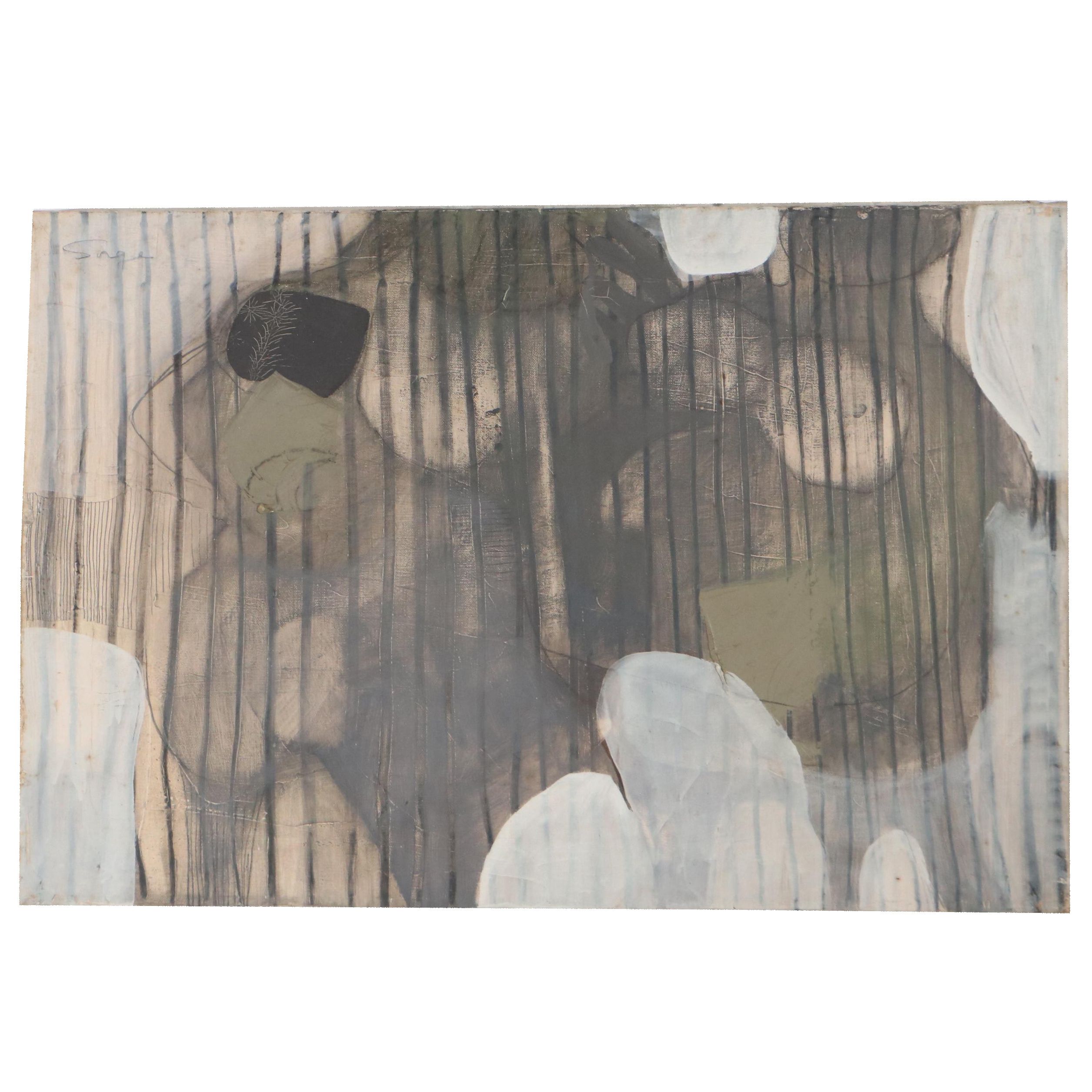 Walter Sorge Abstract Geometric Mixed Media Oil Painting "Figures in Grey," 1963