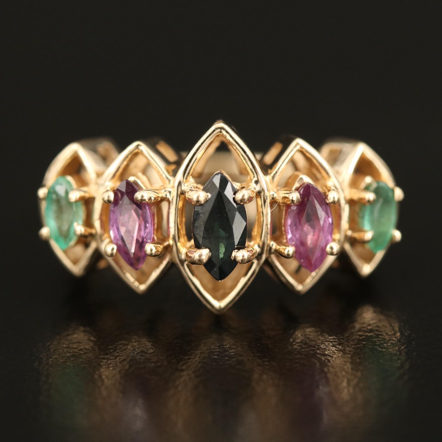 14K Sapphire, Pink Tourmaline and Emerald Openwork Ring