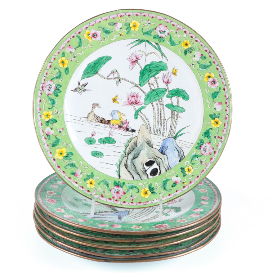 Chinese Famille Vert Hand-Painted Enamel on Copper Plates