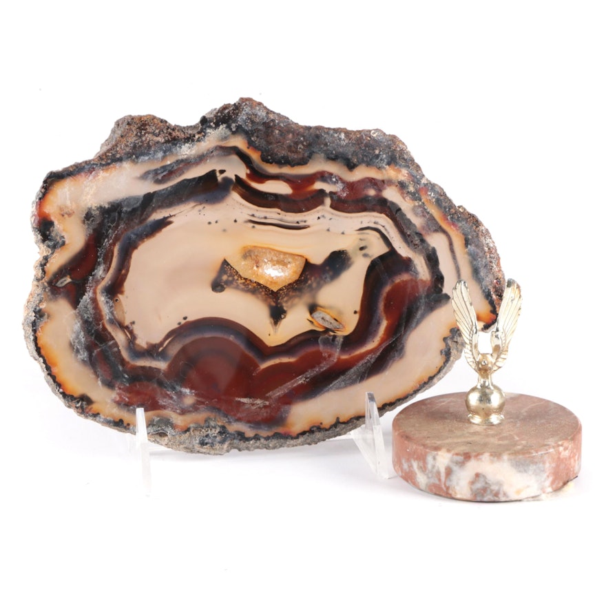 Brazilian Dyed Agate Slice and Eagle Figurine on Marble Base