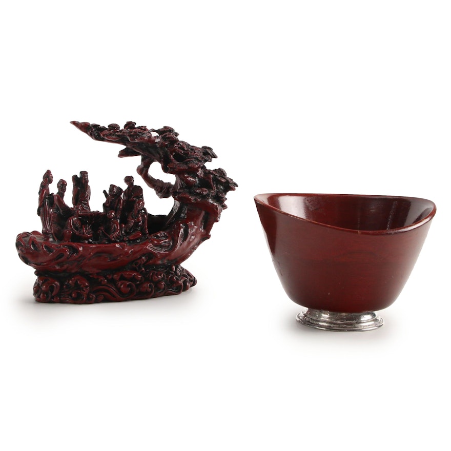 Chinese Resin Figurine of the Eight Immortals, with Sterling Mahogany Nut Bowl