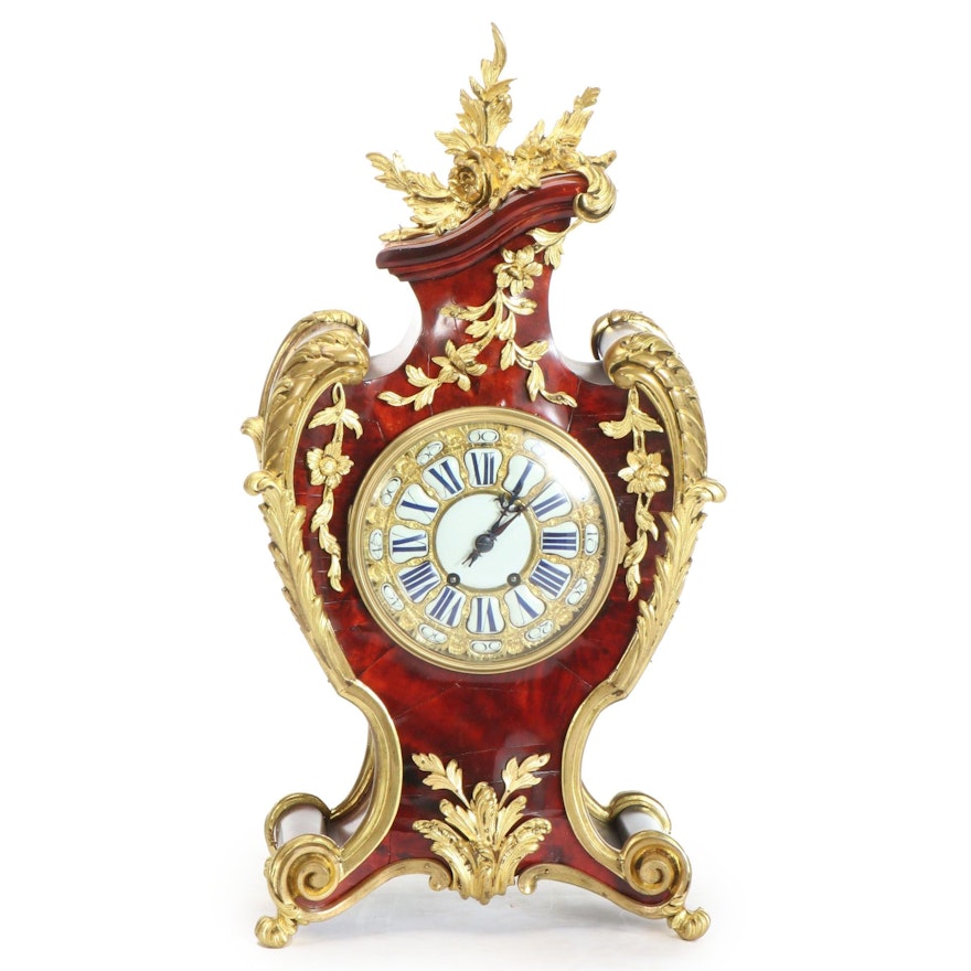 French Gilt Ormolu Mounted Lacquered Wood Mantel Clock, 19th Century