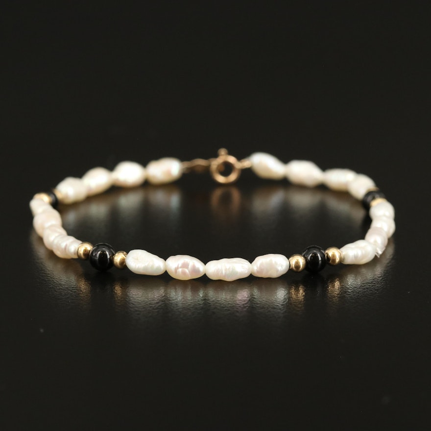 14K Freshwater Pearl and Onyx Bracelet