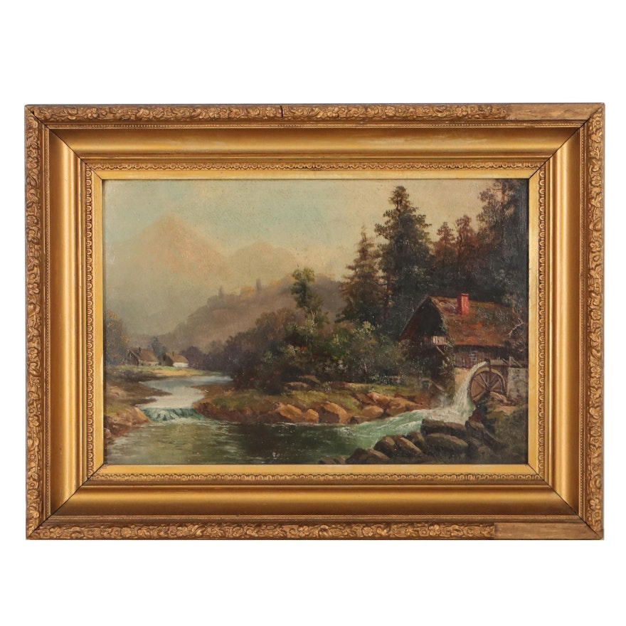 Mountain Landscape Oil Painting of Watermill, Late 19th Century