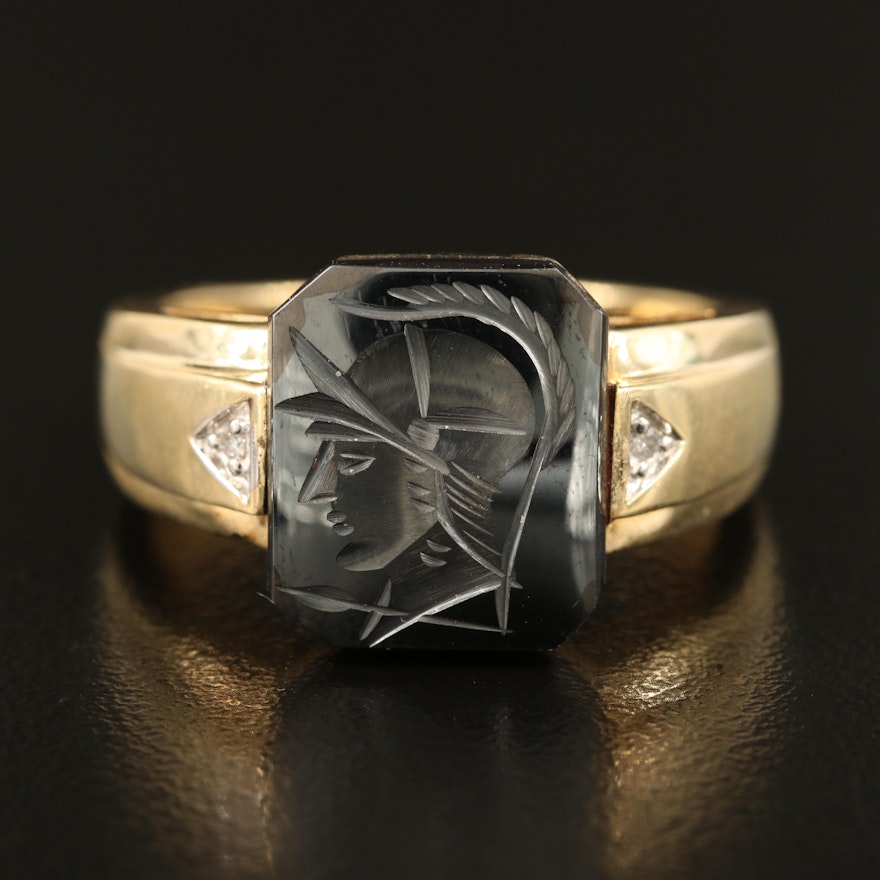 10K Carved Intaglio Hematite and Cubic Zirconia Ring